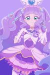  1girl aqua_eyes brooch closed_mouth clothing_cutout cowboy_shot cure_majesty dress elbow_gloves ellee-chan gloves hair_tie half-dress hand_on_own_chest highres hirogaru_sky!_precure jewelry long_hair looking_at_viewer magical_girl medium_dress miniskirt pleated_skirt precure purple_background purple_dress purple_hair purple_skirt reaching reaching_towards_viewer short_sleeves shoulder_cutout skirt smile solo standing thigh-highs two_side_up usiusi_nanas white_gloves white_thighhighs wing_brooch wing_hair_ornament 