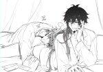  2boys genshin_impact glasses highres implied_yaoi lying_on_bed monochrome mors_gn multiple_boys pajamas sleepwear sleepy tartaglia_(genshin_impact) zhongli_(genshin_impact) 