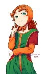  1girl closed_mouth curly_hair dated dragon_quest dragon_quest_vii dress finger_to_cheek green_eyes hood long_hair looking_at_viewer maribel_(dq7) orange_hair signature simple_background smile solo tsukudani_(coke-buta) white_background 