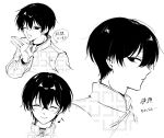  1boy blush charisma_house closed_eyes closed_mouth collar facing_to_the_side highres male_focus monochrome motohashi_iori musical_note one_eye_closed open_mouth short_hair sketch smile solo speech_bubble translation_request ukisi 