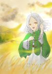  1girl :d absurdres ahoge capelet clouds dress elf es_limi green_capelet hand_up highres looking_at_viewer medium_hair mushoku_tensei open_mouth orange_eyes outdoors pointy_ears smile solo sunset sylphiette_(mushoku_tensei) wheat white_dress white_hair 