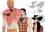  3boys ? bare_pectorals beard black_hair blonde_hair bubble_tea_challenge bubble_tea_challenge_failure crocodile_(one_piece) dark-skinned_male dark_skin donquixote_doflamingo dracule_mihawk facial_hair failure hair_slicked_back height_difference large_pectorals male_focus mature_male mg_cls multiple_boys mustache one_piece open_clothes open_shirt pectorals projected_inset scar scar_on_face scar_on_nose short_hair stitches sunglasses unamused upper_body 