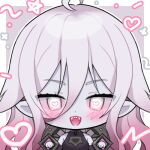  1girl ahoge blush briar_(league_of_legends) chibi colored_sclera colored_skin fangs gradient_hair grey_hair grey_skin hair_between_eyes heart heart-shaped_pupils league_of_legends long_hair looking_at_viewer lowres multicolored_hair open_mouth pelicana pink_hair pink_sclera pointy_ears sidelocks smile solo symbol-shaped_pupils teeth two-tone_hair upper_body upper_teeth_only vampire wrist_cuffs 