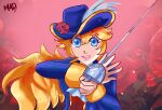  1girl artist_name artist_request blonde_hair blue_eyes blue_headwear flower hat hat_flower highres holding holding_sword holding_weapon long_hair looking_at_viewer non-web_source princess_peach princess_peach:_showtime! rapier rose self-upload smile solo source_request super_mario_bros. sword swordfighter_peach weapon 