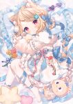  1girl amai_hiyo ana_(rznuscrf) animal_ear_fluff animal_ears blonde_hair blue_bow blue_ribbon blush bow braid cat_ears cat_girl cat_tail dress flower frilled_dress frills heart heart-shaped_eyewear indie_virtual_youtuber long_sleeves looking_at_viewer lying on_side pantyhose pillow red_eyes ribbon solo stuffed_toy tail tail_ornament white_dress white_pantyhose 