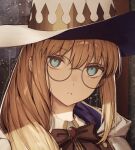  1girl black_bow blonde_hair blue_eyes bow fate/grand_order fate_(series) glasses hat long_hair portrait rain tamitami tonelico_(fate) witch_hat 