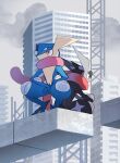  absurdres alternate_color building commentary day from_below greninja highres looking_down outdoors pokemon pokemon_(creature) red_eyes ruchino_(riraga) shiny_pokemon skyscraper squatting symbol-only_commentary tongue_scarf 