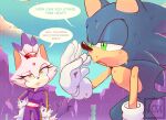  1boy 1girl absurdres animal_ears bad_id bad_twitter_id blaze_the_cat blue_fur cat_ears cat_girl cat_tail crop_top eyelashes forehead_jewel fur-trimmed_gloves fur_trim gloves green_eyes hand_on_own_hip highres knoxiejox open_mouth purple_fur sonic_(series) sonic_the_hedgehog speech_bubble sportswear sweat tail topknot white_gloves yellow_eyes 
