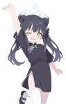  1girl ;d absurdres animal_ear_fluff animal_ears arm_up black_dress black_hair blue_archive blunt_bangs china_dress chinese_clothes commentary_request dress extra_ears green_eyes halo highres long_hair looking_at_viewer one_eye_closed short_sleeves shun_(blue_archive) shun_(small)_(blue_archive) side_slit sidelocks simple_background smile solo standing standing_on_one_leg thigh-highs tiger_ears tiger_girl twintails white_background white_thighhighs yukisiannn 