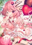  1girl ana_(rznuscrf) balloon blush bow box dress food gift gift_box hair_ornament heart heart_balloon heart_hair_ornament holding holding_balloon indie_virtual_youtuber looking_at_viewer maisaki_berry one_eye_closed open_mouth pink_hair red_eyes ribbon smile solo white_dress 