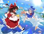  2girls bendedede blue_bow blue_eyes blue_hair blue_skirt bow brown_eyes brown_hair cirno detached_sleeves embodiment_of_scarlet_devil fighting frilled_skirt frilled_sleeves frills hair_bow hair_tubes hakurei_reimu highres icicle japanese_clothes lake mary_janes miko motion_lines multiple_girls nontraditional_miko outdoors outstretched_arms red_bow red_ribbon red_skirt ribbon shoes short_hair skirt socks suspender_skirt suspenders talisman touhou water white_socks 