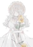  1girl artist_name blush dress driedflower flower hat highres holding holding_flower long_hair looking_at_viewer original short_sleeves signature simple_background solo straw_hat sunflower white_background white_dress white_hair 