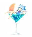  1girl ahoge ayakashi_(monkeypanch) bare_legs barefoot blue_bow blue_dress blue_eyes blue_hair bow cirno cirno_day cocktail_glass collared_shirt cup detached_wings dress drinking drinking_glass fairy fairy_wings flat_chest food fruit full_body hair_bow highres holding holding_cup ice ice_wings in_container in_cup lying mini_person minigirl neck_ribbon pinafore_dress puffy_short_sleeves puffy_sleeves red_ribbon ribbon shirt short_hair short_sleeves simple_background sleeveless sleeveless_dress solo touhou white_background white_shirt wings 