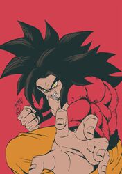  1boy absurdres black_hair body_fur dougi dragon_ball dragon_ball_gt highres long_hair looking_at_viewer male_focus monkey_boy muscular muscular_male open_mouth pants pectorals red_fur saiyan seya_(asasei_718) solo son_goku spiky_hair super_saiyan super_saiyan_4 yellow_eyes yellow_pants 