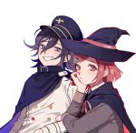  1boy 1girl black_cloak blue_outline blush cloak danganronpa_(series) danganronpa_v3:_killing_harmony eyelashes hair_between_eyes hair_ornament hairpin hat highres leaning_on_person looking_at_viewer oma_kokichi outline purple_hair red_eyes red_outline redhead short_hair smile straitjacket violet_eyes wavy_hair white_background witch_hat yp_(pypy_5_) yumeno_himiko 