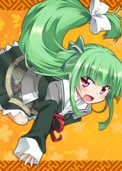  1girl :d blunt_bangs blunt_ends blush commentary_request eyelashes eyes_visible_through_hair floating floral_print frilled_skirt frills green_eyes green_jacket green_skirt hemogurobin_a1c hime_cut jacket long_hair looking_at_viewer low-tied_long_hair midair murasame_(senren) neck_ribbon open_mouth orange_background red_eyes red_ribbon ribbon sailor_collar school_uniform senren_banka sidelocks simple_background skirt sleeves_past_wrists smile solo straight_hair very_long_hair white_sailor_collar 