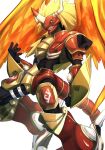  1boy agnimon black_bodysuit black_gloves blonde_hair bodysuit clenched_hand covered_abs digimon digimon_frontier foot_out_of_frame gloves green_eyes highres horns long_hair looking_at_viewer male_focus red_armor solo tail takeda_conomi wings 