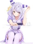  1girl absurdres animal_ears blush breasts brown_eyes closed_mouth ear_covers glass grey_hair highres hishi_miracle_(umamusume) horse_ears looking_at_viewer medium_breasts medium_hair school_uniform short_hair sitting solo table thigh-highs tracen_school_uniform tsurubami_(gaad5227) umamusume water white_background 