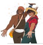  2boys bandana curly_hair dark-skinned_male dark_skin happy hat inaki_godoy jacob_romero_gibson lips male_focus monkey_d._luffy moosopp multiple_boys one_piece one_piece_(live_action) overalls red_shirt shirt simple_background smile straw_hat usopp white_background 