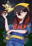  1girl blue_shirt blue_shorts carmine_(pokemon) clouds commentary_request crossed_bangs fanny_pack grin hair_between_eyes hairband hand_up highres holding holding_poke_ball looking_down mole mole_under_eye morpeko morpeko_(full) multicolored_hair night outdoors poke_ball poke_ball_(basic) pokemon pokemon_(creature) pokemon_(game) pokemon_sv shirt short_sleeves shorts sidelocks sky smile teeth user_xrey2588 yellow_bag yellow_hairband 