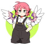  1girl alternate_costume animal_ears bird_ears bird_wings black_overalls blush closed_mouth collared_shirt cropped_legs earrings grey_eyes ini_(inunabe00) jewelry mystia_lorelei overalls pink_hair shirt short_hair short_sleeves single_earring solo touhou white_shirt white_wings wings 