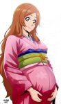  1girl absurdres artist_name big_belly bleach brown_eyes brown_hair english_commentary hands_on_own_stomach head_tilt highres inoue_orihime japanese_clothes kimono long_hair looking_at_viewer mixed-language_commentary obi parted_bangs pink_kimono pregnant sado_art sash smile solo very_long_hair white_background yukata 