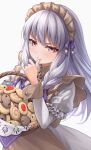  1girl :t apron braid commentary_request cookie dress fire_emblem fire_emblem:_three_houses fire_emblem_heroes food grey_apron grey_background grey_hair hand_up juliet_sleeves long_hair long_sleeves looking_at_viewer lysithea_von_ordelia maid maid_headdress official_alternate_costume official_alternate_hairstyle puffy_sleeves simple_background solo ten_(tenchan_man) upper_body violet_eyes white_dress 