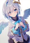  1girl adju_ster amane_kanata amane_kanata_(1st_costume) angel angel_wings armband asymmetrical_bangs asymmetrical_hair black_skirt blue_bow blue_bowtie blue_hair blush bow bowtie closed_mouth colored_inner_hair cropped_jacket feathered_wings frilled_skirt frills gradient_wings grey_hair grey_jacket hair_ornament halo highres hololive jacket long_hair long_sleeves looking_at_viewer miniskirt multicolored_hair multicolored_wings pink_hair sailor_collar shirt short_hair single_hair_intake skirt sleeve_cuffs sleeves_past_wrists smile solo star_halo streaked_hair turtleneck violet_eyes virtual_youtuber white_shirt wide_sleeves wings 