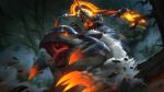 1girl animal armor bare_tree black_lips bristle brown_gloves gloves glowing glowing_eyes glowing_weapon helmet highres holding holding_weapon league_of_legends legends_of_runeterra night official_art open_mouth outdoors red_eyes riding sejuani shoulder_armor solar_eclipse_sejuani tongue tongue_out tree weapon 