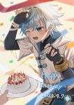  1boy birthday_cake cake candle chinese_clothes chongyun_(genshin_impact) commentary_request confetti dated fingerless_gloves food genshin_impact gloves happy_birthday highres holding holding_plate hood hoodie kousuke_(ko_suke) male_focus one_eye_closed open_mouth plate solo white_hair white_hoodie 