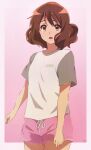  1girl brown_eyes brown_hair cowboy_shot drawstring gradient_background hair_between_eyes hibike!_euphonium highres looking_at_viewer open_mouth oumae_kumiko pink_shorts shirt short_hair short_sleeves shorts solo thighs usagihop watermark wavy_hair 