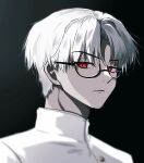  1boy black_background charisma_house closed_mouth gakuran glasses gradient_background grey_background highres jacket kusanagi_rikai looking_at_viewer male_focus multicolored_background red_eyes school_uniform short_hair solo ukisi unhappy white_hair white_jacket 