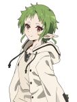  1girl closed_mouth elf green_hair hood hooded_jacket jacket looking_at_viewer mushoku_tensei pointy_ears red_eyes shirt short_hair simple_background smile solo sylphiette_(mushoku_tensei) tt17221722 white_background white_jacket white_shirt 
