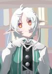  1girl absurdres ahoge book bookshelf cloak closed_mouth elf gloves green_cloak heart heart_hands highres looking_at_viewer mushoku_tensei pointy_ears red_eyes short_hair smile solo sylphiette_(mushoku_tensei) user_rgcr3354 white_gloves white_hair 