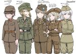  5girls :3 absurdres airborne bandaid bandaid_on_face bandaid_on_nose belt blonde_hair british_army brown_coat brown_necktie coat garrison_cap glasses green_coat hair_ornament hairclip hat highres imperial_japanese_army medal military_coat military_hat military_uniform multiple_girls necktie original savankov soviet_army uniform united_states_army wehrmacht white_hair world_war_ii 