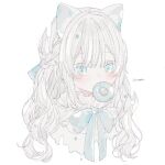  1girl animal_ears artist_name blue_bow blue_eyes blush bow braid cat_ears doughnut driedflower food food_in_mouth highres long_hair looking_at_viewer mouth_hold original signature simple_background solo upper_body white_background white_hair 