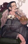  1boy animal animal_on_shoulder black_hair black_suit brown_eyes cigar coat coat_on_shoulders crocodile_(one_piece) dog dog_on_shoulder earrings fur-trimmed_coat fur_trim hair_slicked_back hand_up happy_birthday highres hook_hand jewelry kiri_220 male_focus multiple_rings one_piece pug ring scar scar_on_face simple_background sitting smoke smoking suit 