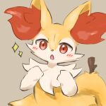  1girl animal_ear_fluff animal_ears animal_nose blush body_fur braixen clenched_hands commentary_request flat_chest fox_ears fox_girl fox_tail grey_background hands_up highres looking_at_viewer neck_fur open_mouth pokemon pokemon_(creature) red_eyes san_(sanchimpo) simple_background solo sparkle standing stick tail two-tone_fur upper_body white_fur yellow_fur 