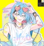  1boy bandaid bandaid_on_arm black_hair blue_eyes blue_hair bracelet chain_necklace colored_inner_hair eyewear_on_head facial_mark heart heart-shaped_eyewear heart_facial_mark jewelry kyo_kaneko male_focus multicolored_hair multiple_rings necklace nijisanji nijisanji_en open_mouth pink_hair ring smile solo streaked_hair sunglasses teardrop_facial_mark virtual_youtuber yuyuwu zipper_earrings 