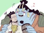  2boys afro anger_vein ascot beer_mug black_hair blue_skin blush_stickers cheek-to-cheek cigar collared_shirt colored_skin crocodile_(one_piece) cup curly_eyebrows drinking_glass fish_boy hair_slicked_back heads_together height_chart jinbe_(one_piece) laughing loving_aura male_focus mature_male merman monster_boy mug multiple_boys one_piece scar scar_on_face scar_on_nose sharp_teeth shirt short_hair size_difference smile smoking squatting stitches teeth tusks wine_glass y_y_ko 