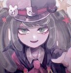  1girl :d alternate_costume black_cape cape collared_shirt danganronpa_(series) danganronpa_another_episode:_ultra_despair_girls green_eyes green_hair hat highres medium_hair monokuma naruse_(nal1525) necktie open_mouth pink_necktie shirt smile solo top_hat towa_monaca 