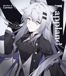  1girl animal_ears arknights black_dress black_gloves black_jacket blue_eyes breasts character_name closed_mouth dress gloves grey_hair hair_between_eyes hair_ornament hairclip hand_up hua_ye jacket lappland_(arknights) lappland_(refined_horrormare)_(arknights) looking_at_viewer open_clothes open_jacket scar scar_across_eye shirt small_breasts smile solo upper_body white_shirt 