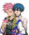  2boys black_collar black_eyes black_jacket black_shirt blue_hair blue_jacket blush charisma_house collar grey_eyes hands_on_another&#039;s_shoulders highres jacket looking_at_viewer male_focus middle_finger motohashi_iori multicolored_clothes multicolored_jacket multiple_boys neck_tattoo open_mouth pink_hair pink_jacket red_jacket sarukawa_kei shirt short_hair smile tattoo ukisi white_jacket yellow_jacket 