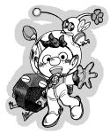  1boy alien alph_(pikmin) backpack bag big_nose bud closed_eyes commentary dark_skin flower freckles gauge gloves greyscale helmet highres holding_hands insect_wings looking_at_viewer monochrome no_mouth open_mouth outstretched_arm pikmin_(creature) pikmin_(series) radio_antenna rock rock_pikmin sitting sitting_on_head sitting_on_person smile solid_circle_eyes space_helmet spacesuit taichohanuma teeth upper_teeth_only very_dark_skin whistle white_background winged_pikmin wings 