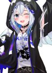  1girl amane_kanata black_hoodie breasts dt717461 highres hololive hood hoodie one_eye_closed shirt small_breasts smile t-shirt virtual_youtuber white_hair 
