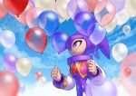  1other balloon bodysuit closed_mouth clouds cloudy_sky hat highres holding holding_balloon jester jester_cap ketrindarkdragon long_sleeves looking_up nights_(character) nights_into_dreams other_focus sky smile solo vest violet_eyes 