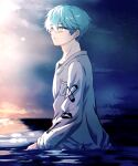  1boy absurdres blue_hair charisma_house closed_mouth clouds dusk expressionless facing_to_the_side green_shirt highres in_water light_blue_hair long_sleeves looking_ahead male_focus night night_sky ocean ohse_minato shirt short_hair sky solo ukisi yellow_eyes 