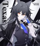  1girl :&lt; animal_ear_fluff animal_ears arknights black_hair black_jacket black_vest blue_gloves character_name closed_mouth collared_shirt commentary_request eyebrows_hidden_by_hair fingerless_gloves gloves hair_between_eyes hand_up hua_ye jacket jacket_on_shoulders long_hair looking_at_viewer orange_eyes shirt solo texas_(arknights) texas_the_omertosa_(arknights) upper_body very_long_hair vest white_shirt 