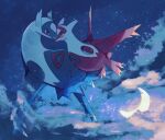  absurdres clouds commentary_request crescent_moon flying full_body heads_together highres latias latios looking_at_another moon nekozane_chisa night no_humans outdoors pokemon pokemon_(creature) red_eyes sky star_(sky) starry_sky yellow_eyes 