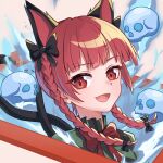  1girl animal_ears braid cat_ears cat_tail chunjiu dress extra_ears fang green_dress highres kaenbyou_rin long_hair multiple_tails open_mouth portrait red_eyes redhead skin_fang skull smile solo tail touhou twin_braids two_tails 